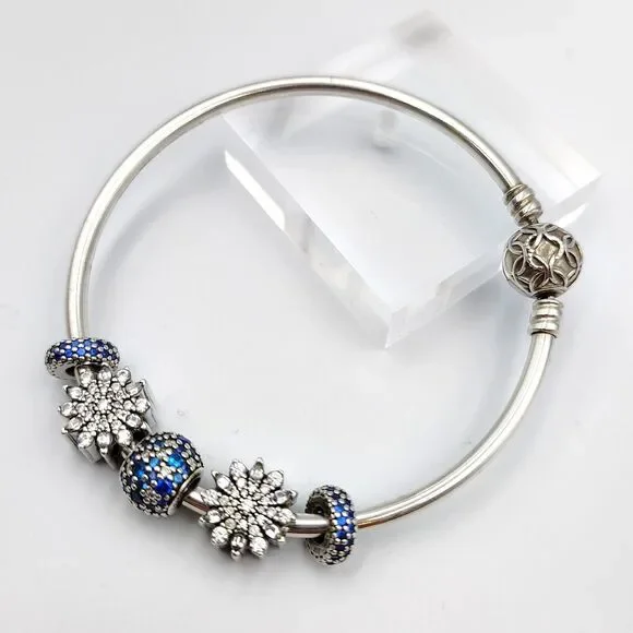 Pandora Sterling 925 Pattern Of Love Bangel Bracelet 5 Charms Clear & Blue CZ